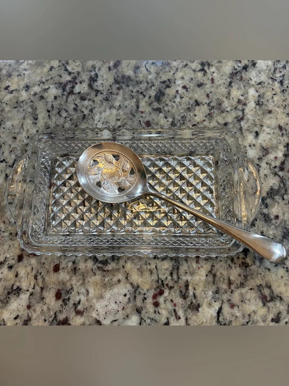 Vintage Leonard Silver Plated Serving Spoon and Crystal Glass Tray 1970s